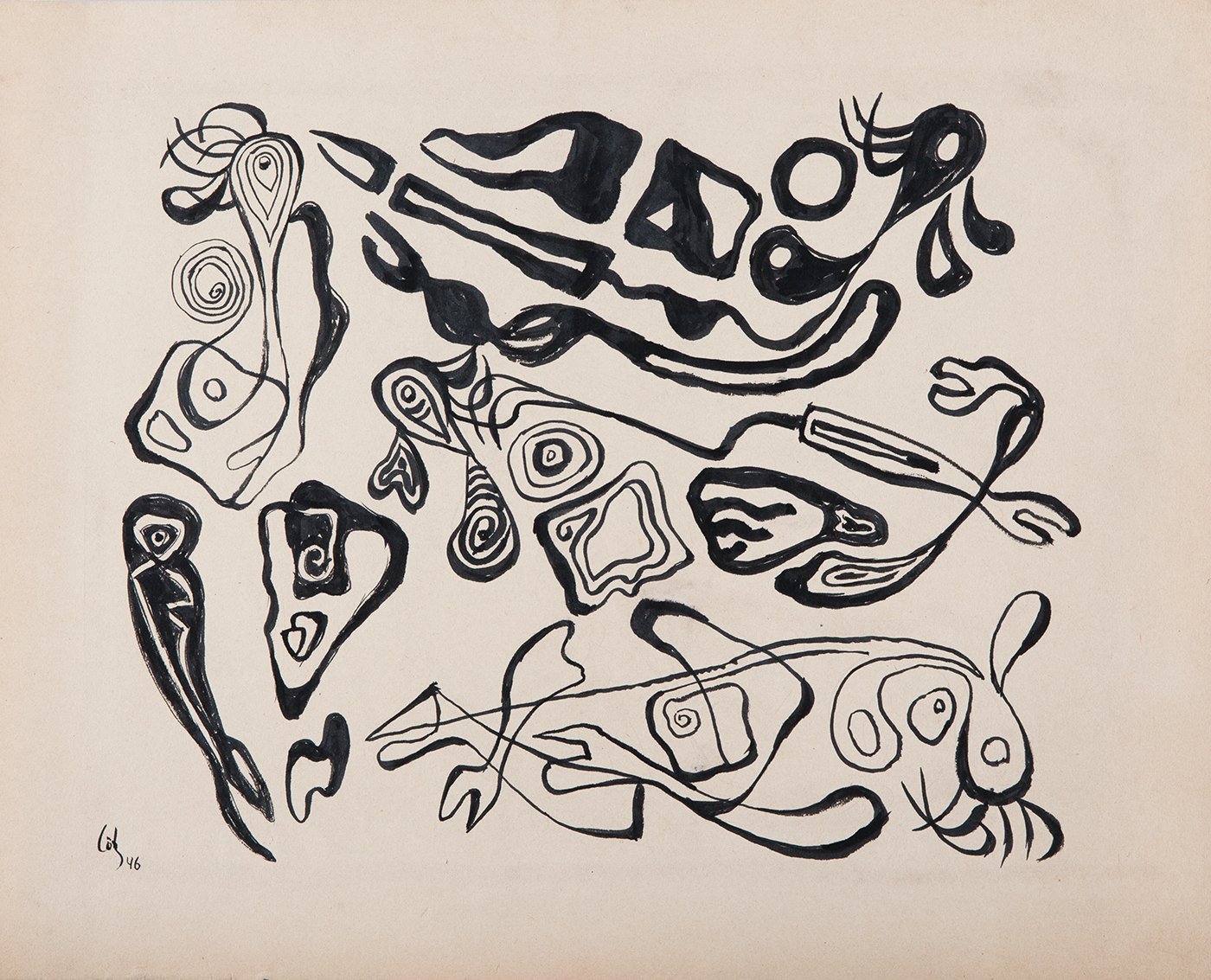 DREI LIEGENDE EINE STEHENDE 1946 40×50 cm Tusche auf Papier IMG_2089