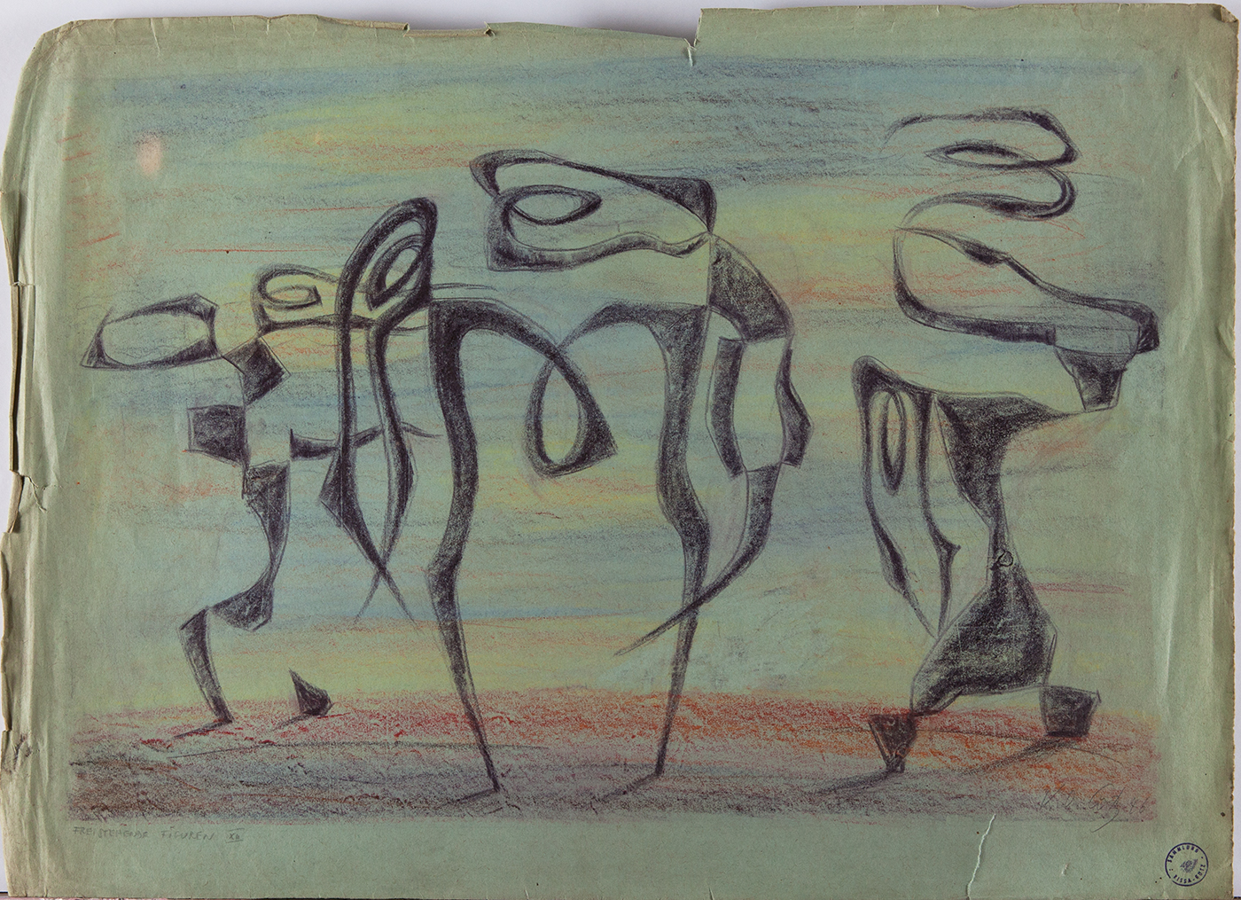 FREISTEHENDE FIGUREN XII 1946 50×70 cm Bleistift Kohle und farbige Kreiden auf grünlichem Papier IMG_2082