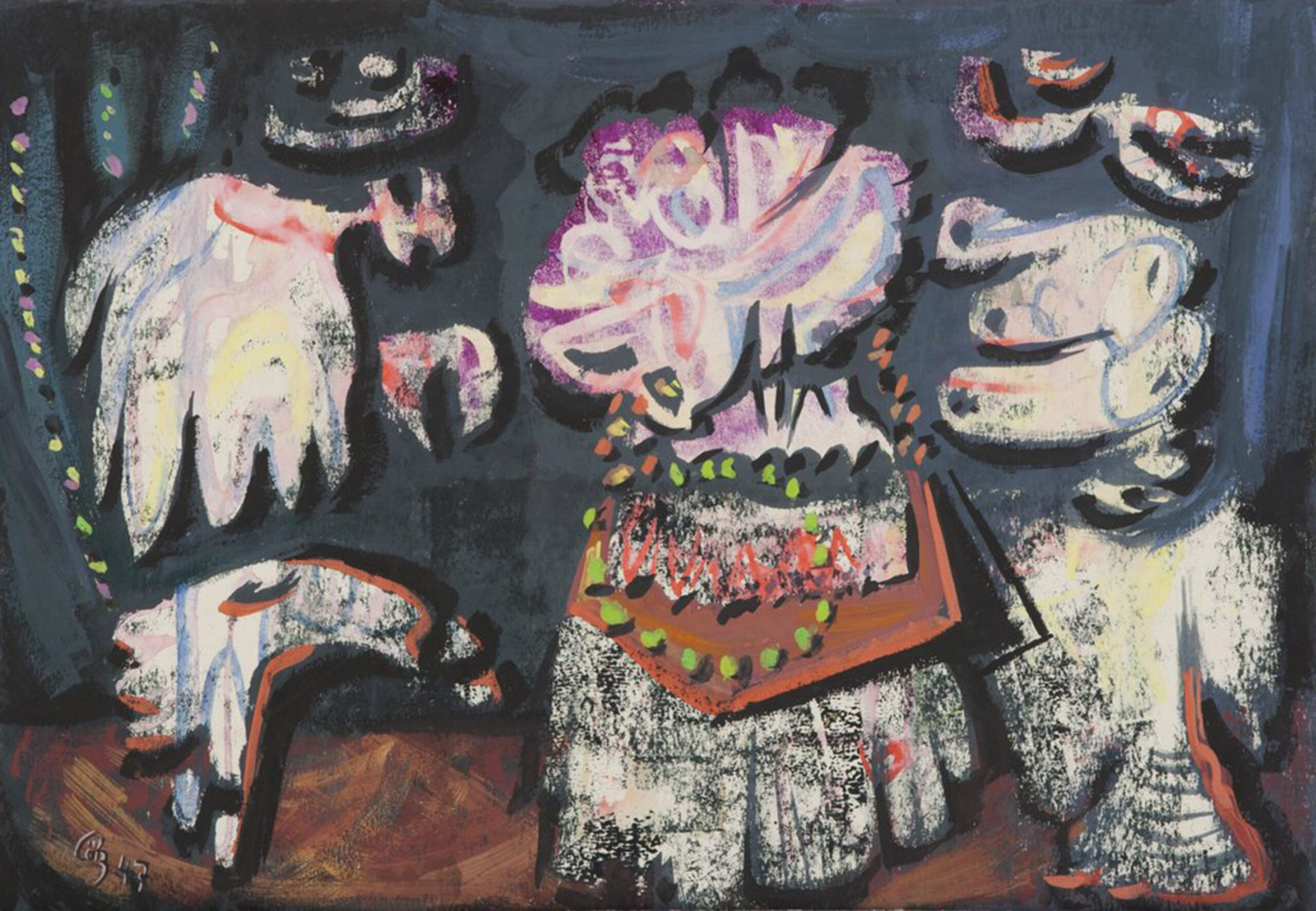 Der Geburtstagstisch 1947 35×50 cm Gouache auf Druckfarben Femfert Die Galerie
