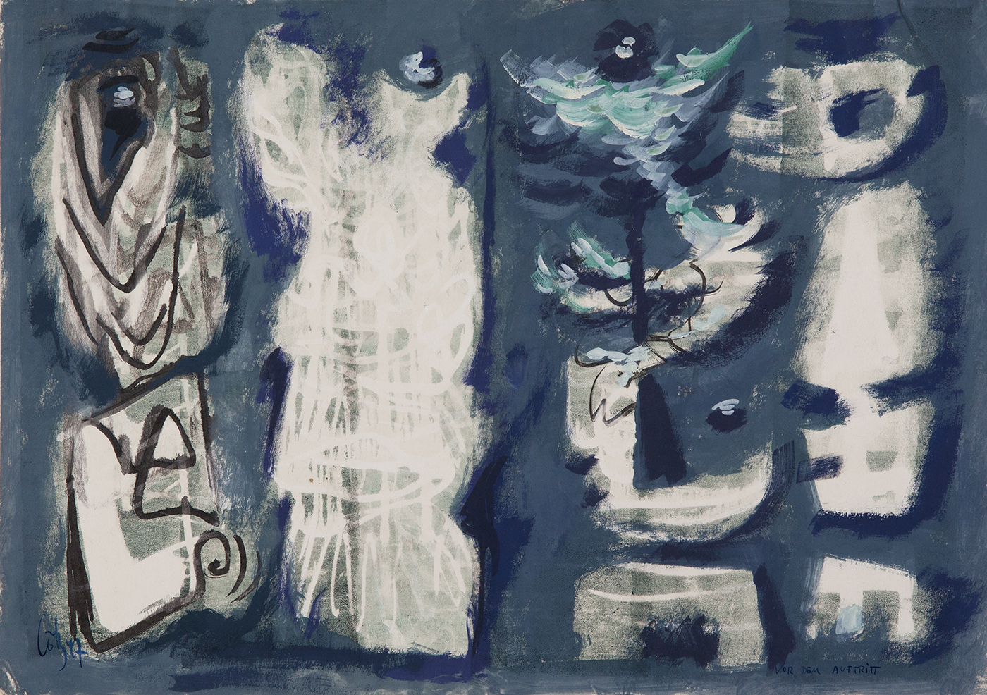 VOR DEM AUFTRITT 1947 31×43 cm Gouache über Druckfarben Schublade IMG_2081
